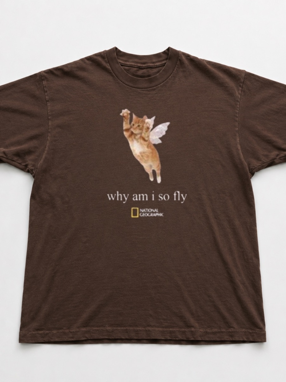 Dark Chocolate Short Sleeve Tee with Flying Cat Graphic